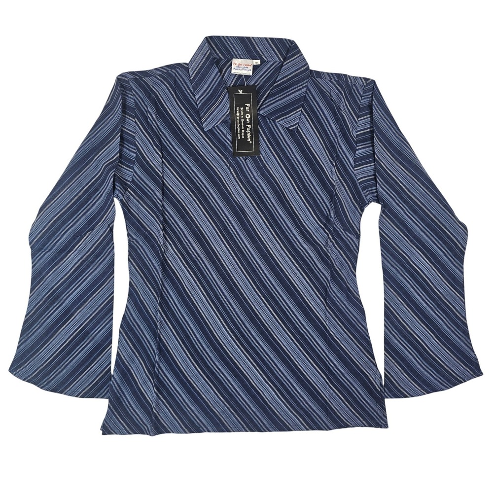 Far Out Fashion Blue Diagonal Stripe Bell Sleeve Collared‎ Top Size M NWT